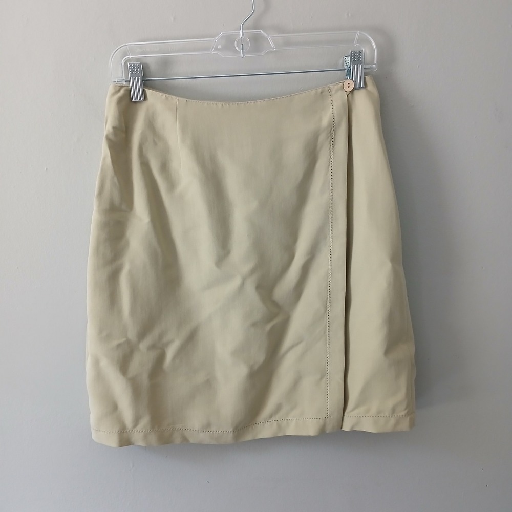 Tommy Bahama Women's Size 8 Vintage 100% Silk Faux Wrap Mini Skirt Tan Eyelet
